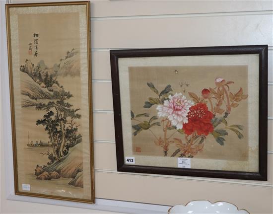 Chinese School, watercolour on silk, Study of peonies, 28 x 36cm and a watercolour landscape